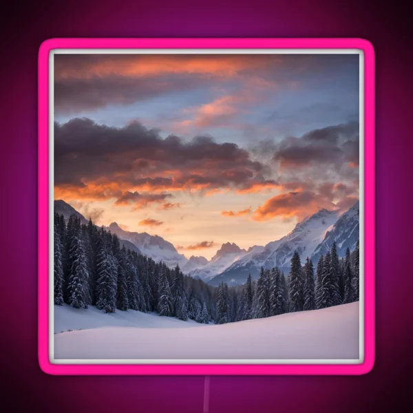 Sunrise Over Snowy Mountains And Trees RGB Neon Sign
