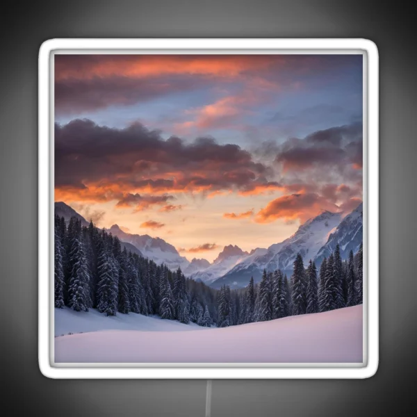 Sunrise Over Snowy Mountains And Trees RGB Neon Sign