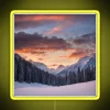 Auroral landscape of snow-capped mountains, trees, and vibrant sunset hues.