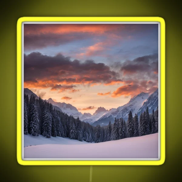 Sunrise Over Snowy Mountains And Trees RGB Neon Sign