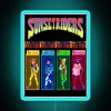 Character selection screen from Sunset Riders game with neon signs and RGB colors.