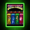 Neon-lit characters standing in front of a colorful sunset backdrop, with green glow effects.