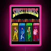 Vibrant pink neon lights illuminate character select screen at sunset with riders in the background.