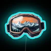 Winter sports enthusiasts skiing down a mountain slope under the vibrant colors of a sunset, with neon-lit ski goggles and...