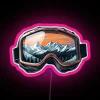 Winter sports enthusiasts skiing down a mountain with neon pink sunset reflection.