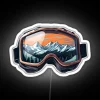 Winter sports enthusiasts skiing down a mountain at sunset, wearing neon-colored ski goggles