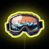 Winter sports enthusiasts sledding down a mountain at sunset, wearing colorful ski goggles and neon signs reflected in the...