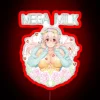 Neon sign with red LED lights spelling out 'Super Sonico Mega Milk'