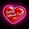 Neon sign reading "Super Weenie Hut Jrs" in pink and green colors.