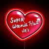 Neon sign reading "Super Weenie Hut Jrs" in bold, colorful letters.