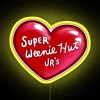 Neon sign reading 'Super Weenie Hut Jrs' in bright yellow letters.