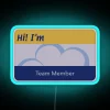 Neon blue Superstore nametag on a colorful background.