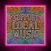 Neon sign with pink and blue lights spelling out "Support Local Music