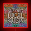 Neon sign with colorful, gradient background supporting local music.
