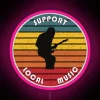 Neon sign supporting local music with vibrant pink and green hues.