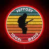 Neon sign with colorful letters spelling out "Support Local Music" in a vibrant, RGB pattern.