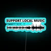 Neon sign with colorful lights supporting local music in vibrant blue hues.