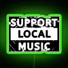 Retro-style neon sign supporting local music with vibrant green colors.