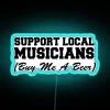 Neon sign promoting support for local musicians in a blue color scheme.