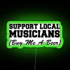 Support local musicians with a refreshing drink, colorful neon sign in a vibrant green hue.