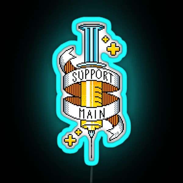 Support Main Gamer Yellow Pixel Art Syringe RGB Neon Sign