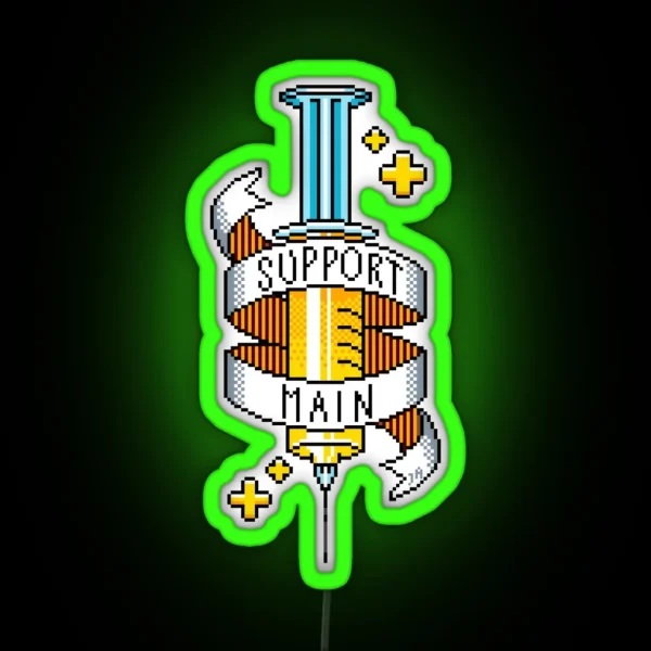 Support Main Gamer Yellow Pixel Art Syringe RGB Neon Sign