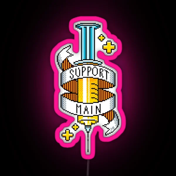 Support Main Gamer Yellow Pixel Art Syringe RGB Neon Sign