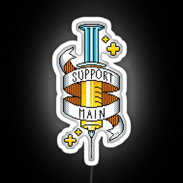 Support Main Gamer Yellow Pixel Art Syringe RGB Neon Sign