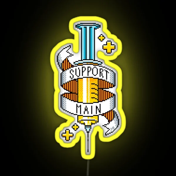 Support Main Gamer Yellow Pixel Art Syringe RGB Neon Sign