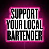 Supporting local bartenders, party music, colorful drinks in a neon-lit setting.
