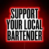 Colorful neon sign with party music and drink elements, promoting local bartender support.
