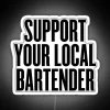 Vibrant neon sign reading 'Support Your Local Bartender Party' in bold, colorful letters above drinks and music background.