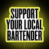 Neon sign in vibrant colors with bold, cursive font reading "Support Your Local Bartender" amidst party music and drinks.