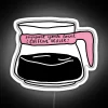 Brightly lit neon sign with RGB colors reading 'Support Your Local Caffeine Dealer'