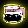 Neon sign promoting support for local coffee shops in vibrant yellow and RGB colors.
