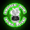 Neon sign reading "Support Your Local Coven" in colorful, futuristic font.