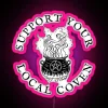 Neon sign with pink and blue lights reading 'Support Your Local Coven' in bold, cursive letters.