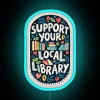 Delicate illustration of a book with colorful, neon-lit decorations in a local library setting.