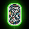 A local library with a delicate sketchbook and neon sign in the background.
