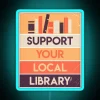 Neon sign promoting support for local libraries in blue color scheme.