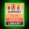 Brightly lit RGB neon sign with supportive message for local libraries in green.
