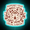 Neon sign reading 'Support Your Local Library' in blue letters on a dark background.