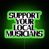 Supporting local musicians with vibrant neon signs in a green cityscape.