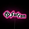 Neon sign reading Sur-Ron 2 in pink letters with a white background.