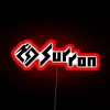 Neon sign featuring Sur Ron 2 electric motorcycle logo in white and red colors.