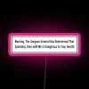 Surgeon General warning sign with neon pink letters in RGB color scheme.