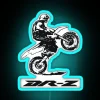Motorcycle stunt riding on a Suzuki DR-Z bike performing a wheelie near a neon sign.