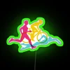 RGB neon logo collection featuring swim, bike, and run symbols.