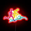 Triathlon logo collection with neon signs, featuring the swim, bike, and run icons in RGB colors.