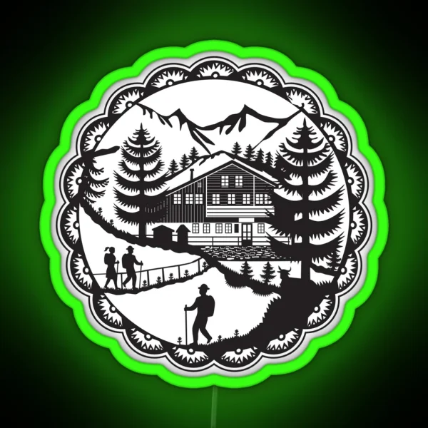 Swiss Chalet Alpine Hiker Decoupage RGB Neon Sign
